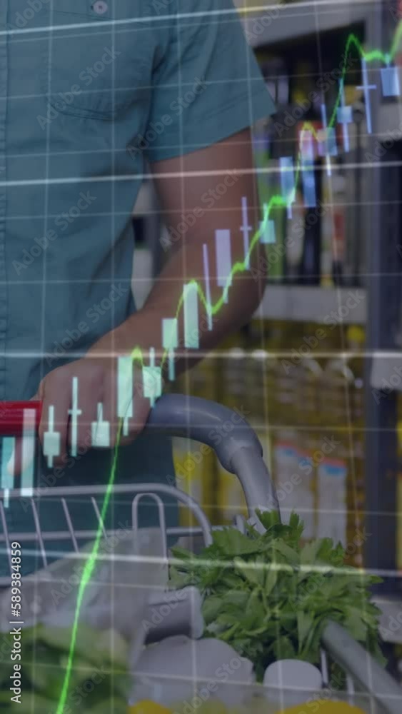 Poster animation of data processing over caucasian man with trolley in shop