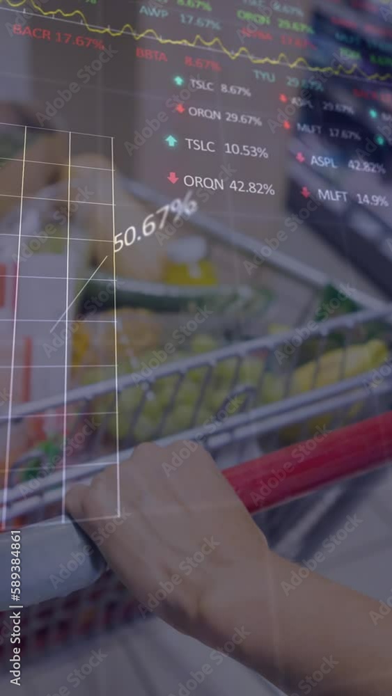 Poster animation of data processing over caucasian man with trolley in shop