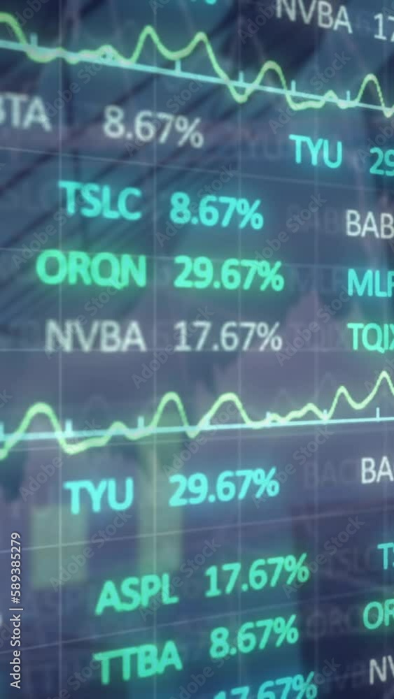 Poster animation of financial data and graphs over architecture
