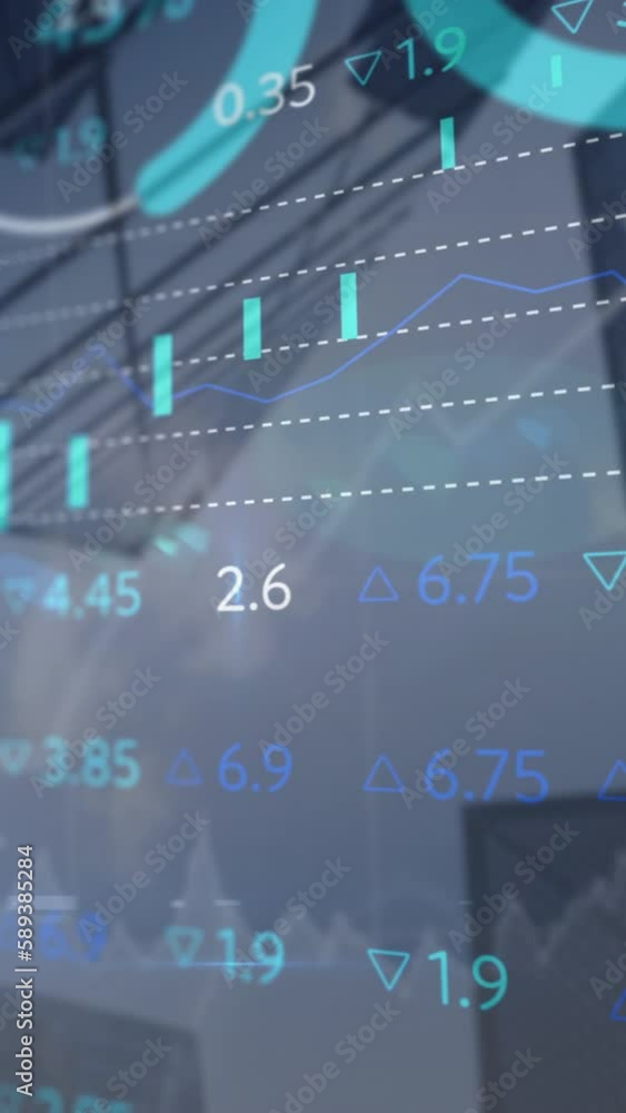 Poster animation of financial data and graphs over architecture