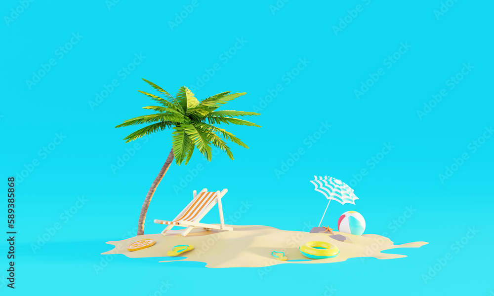 Poster 3d rendering summer vacation beach abstract background concept, minimal realistic display podium for