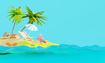 Fototapeta na wymiar Summer vacation beach abstract background concept, Minimal Realistic Display Podium for Product mock-up or Cosmetics with summer theme, beach umbrella, sand, chairs, inflatable ring. 3d rendering