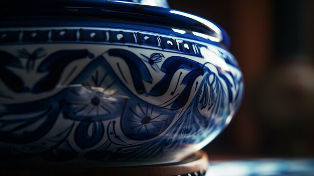 macro close up of a jar pottery hand painted, colorful traditional ceramic decor