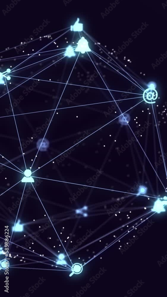 Poster animation of network of connections with icons over dark background