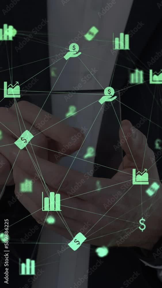 Poster animation of network of connections with icons over men using smartphone