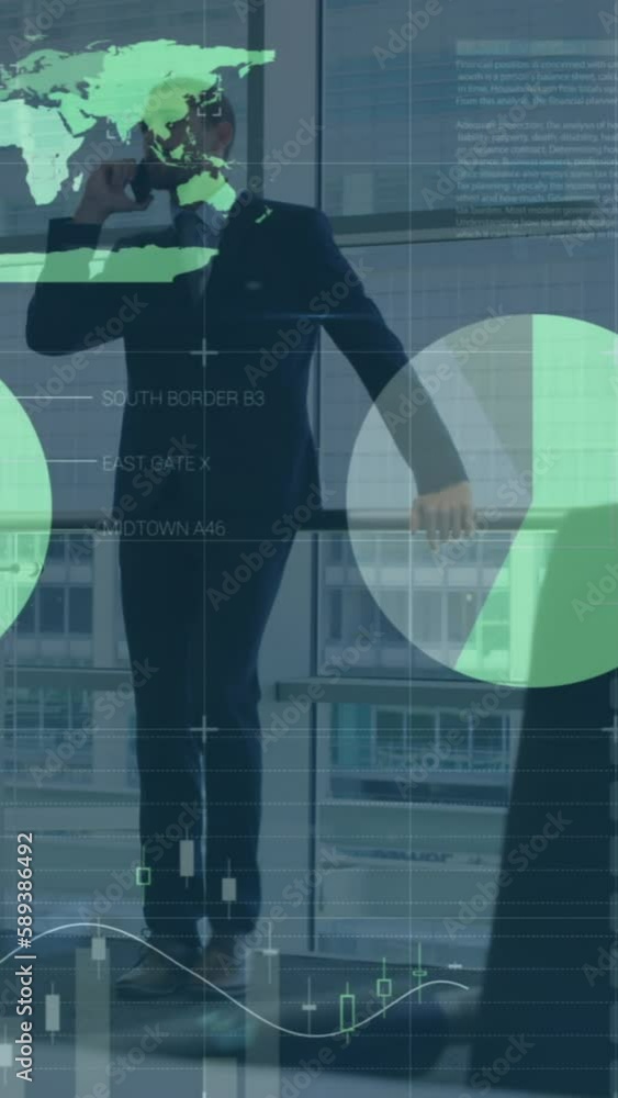 Poster animation of financial data and graphs over caucasian businessman using smartphone