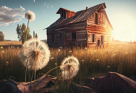 Historic old farmhouse and rustic faded barn with dandelion seeds blowing in the wind and farmhouse in morning sun.  Copyspace along right side. Generative AI