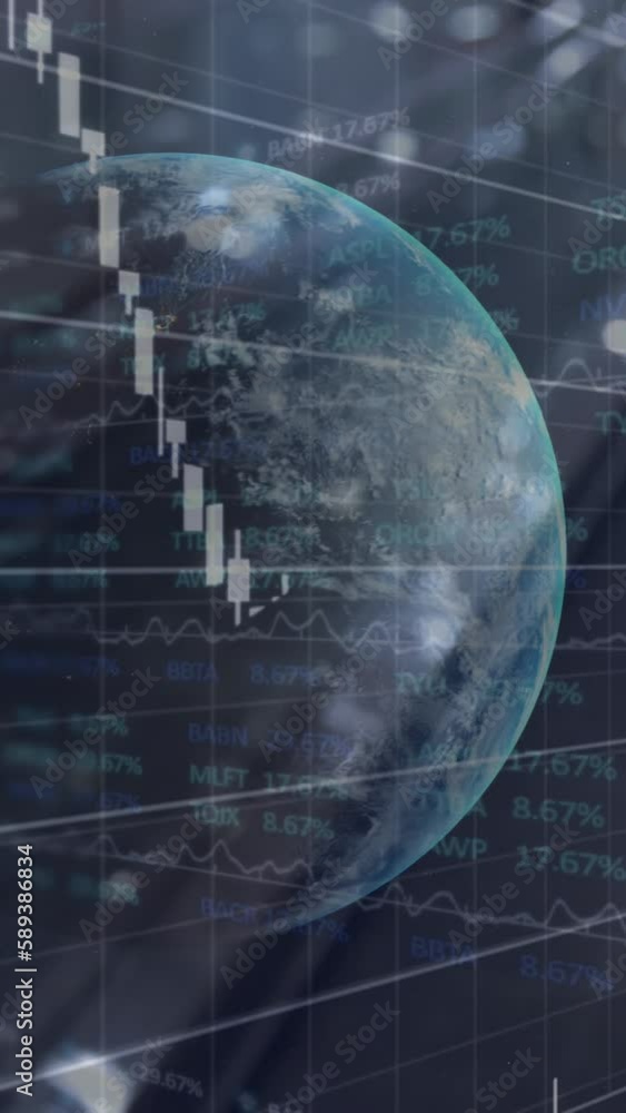 Poster animation of financial graphs, data and globe over escalator