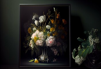 a painting of a bunch of flowers in a vase on a table with a black background and a green wall in the background with a black border. generative ai