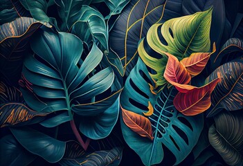 Tropical watercolor plants background, jungle rainforest leaves wallpaper. Generative AI