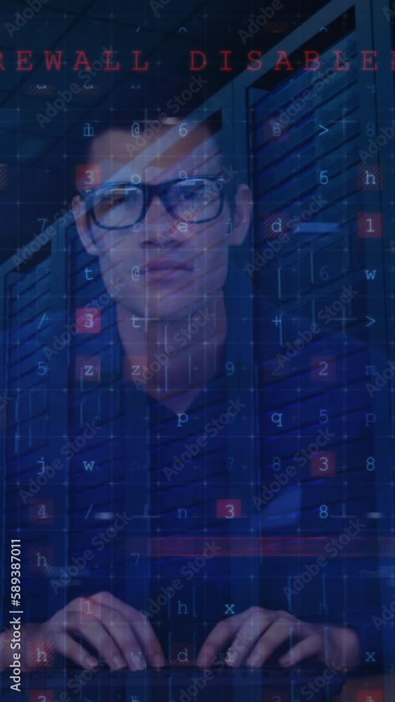 Poster animation of cyber attack warning and data processing over male hacker and computer servers