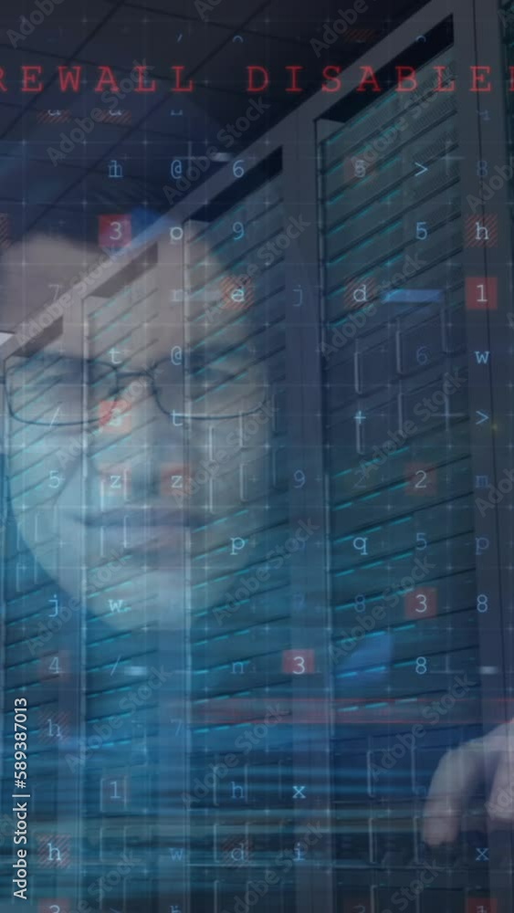 Poster Animation of digital security warnings, over hacker using computer, server room and data processing
