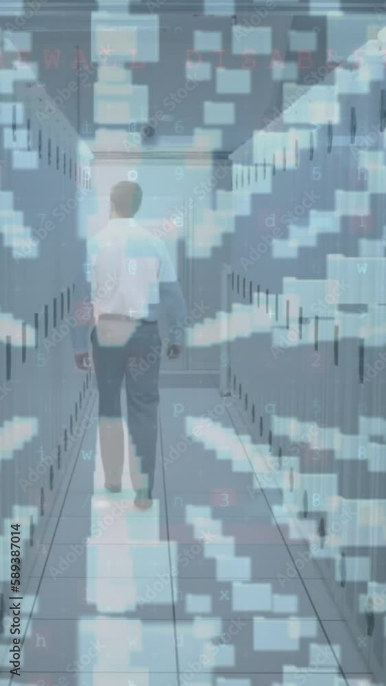 Poster animation of cyber attack warning and padlock over caucasian man in server room