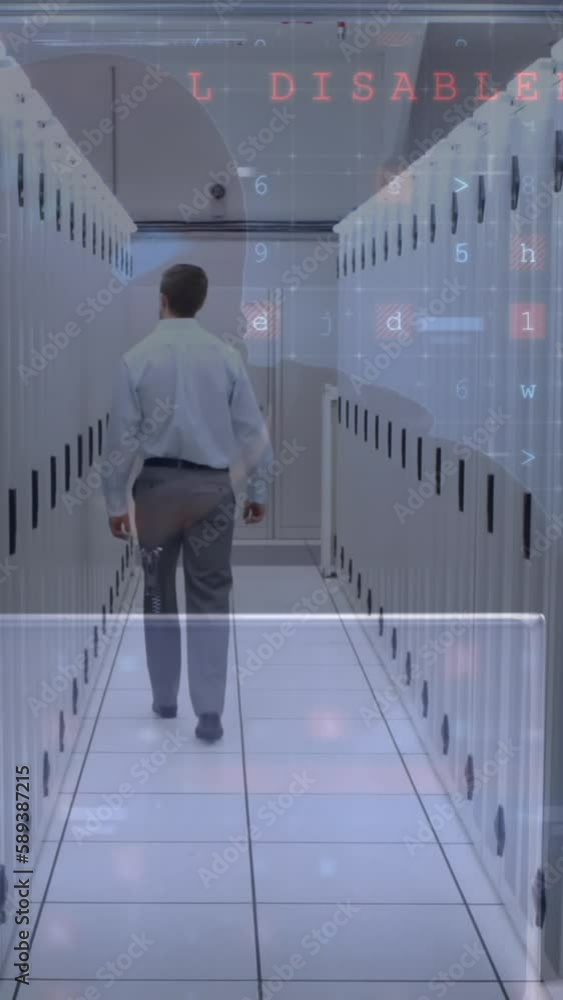 Poster animation of cyber attack warning over hacker and caucasian man in server room