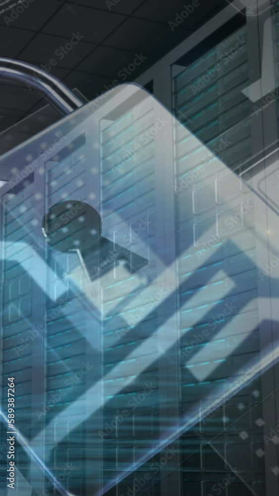 Poster animation of data processing and padlock over server room