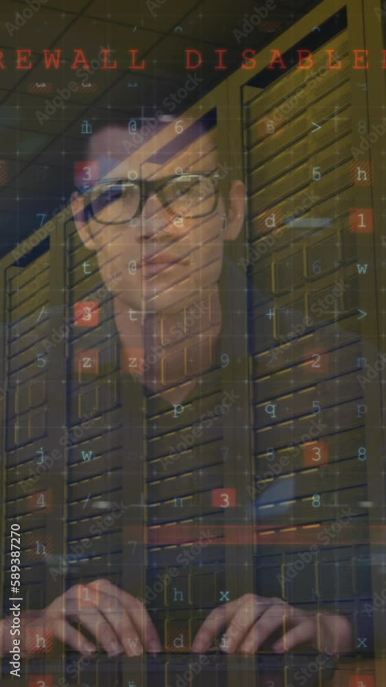 Poster animation of cyber attack warning and data processing over male hacker and computer servers