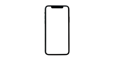 black smartphone with white screen mockup and isolated on transparent PNG file background , smartphone frameless application design concept.