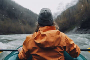 Rafting on river, kayaking active recreation, watersport. Rear view of woman in jacket and hat in boat with oars on water on an autumn rainy day, close-up. Generative AI