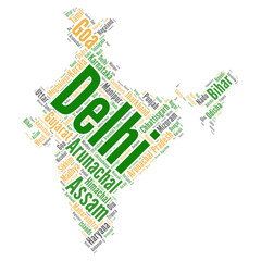 Indian map word cloud collage, indian map filled with the indian states name, indian map filled with providence names