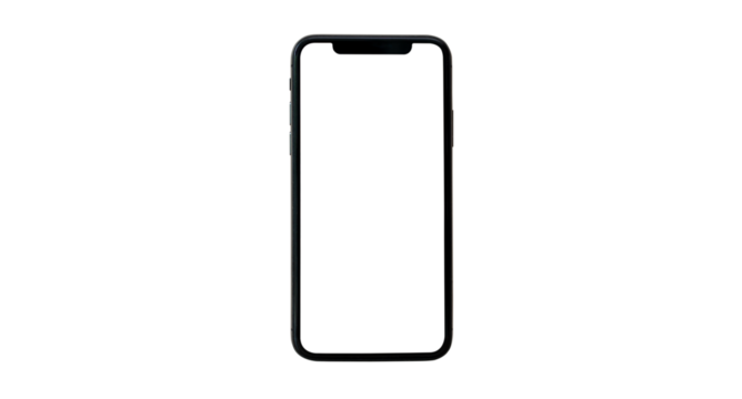 black smartphone with white screen mockup and isolated on transparent PNG file background , smartphone frameless application design concept.
