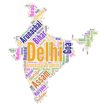 Indian map word cloud collage, indian map filled with the indian states name, indian map filled with providence names