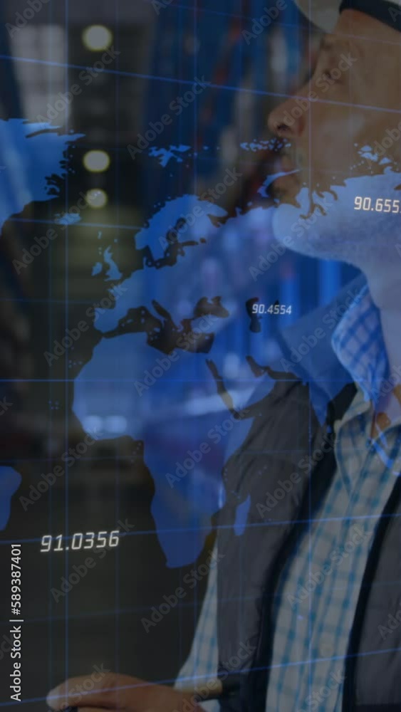 Poster animation of financial data processing and world map over biracial worker in warehouse