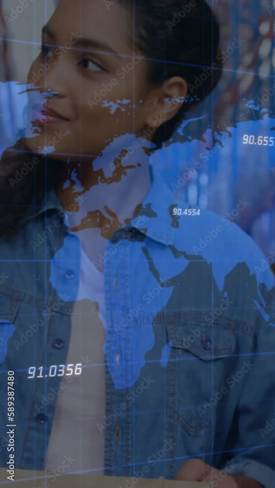 Poster animation of financial data processing and world map over diverse workers in warehouse