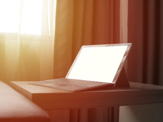 Close up image of  laptop mock up, pc computer monitor with blank empty white screen template