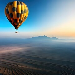 One hot-air balloon , blue and yellow checkered, over mountains and sandy landscape