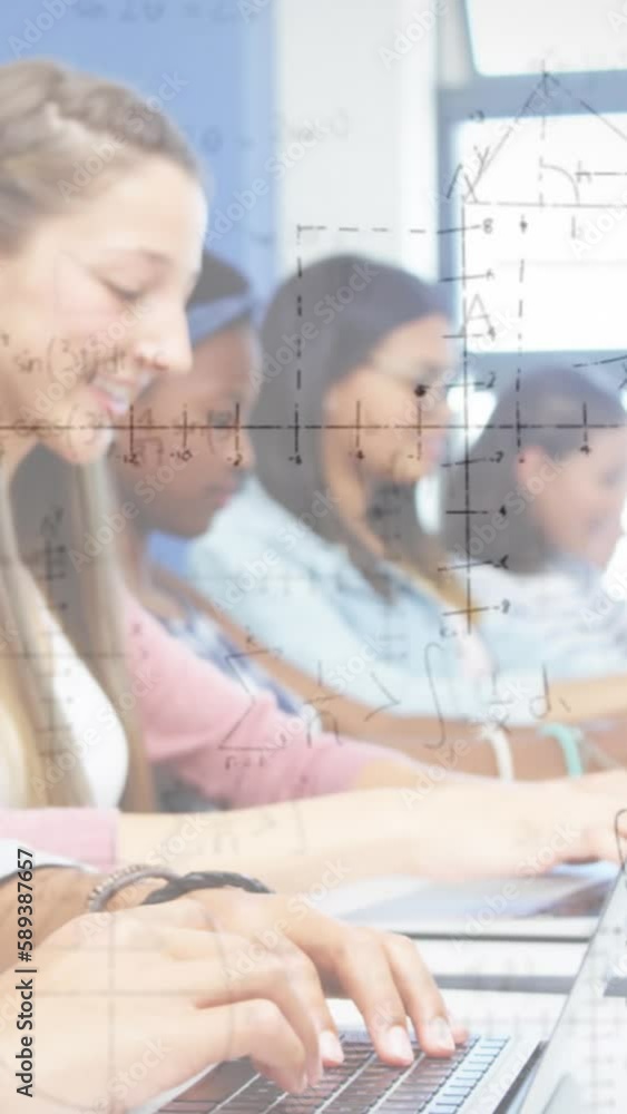 Aufkleber animation of mathematical formulas over students using computers