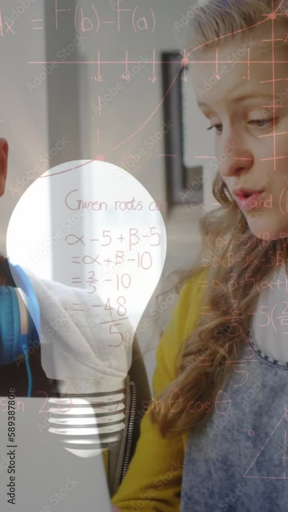 Poster animation of mathematical equations with school children using laptop in classroom