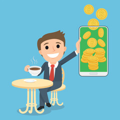 Smartphone help businessman make money at coffee place.  Smartphone to earn money concept,illustration vector cartoon