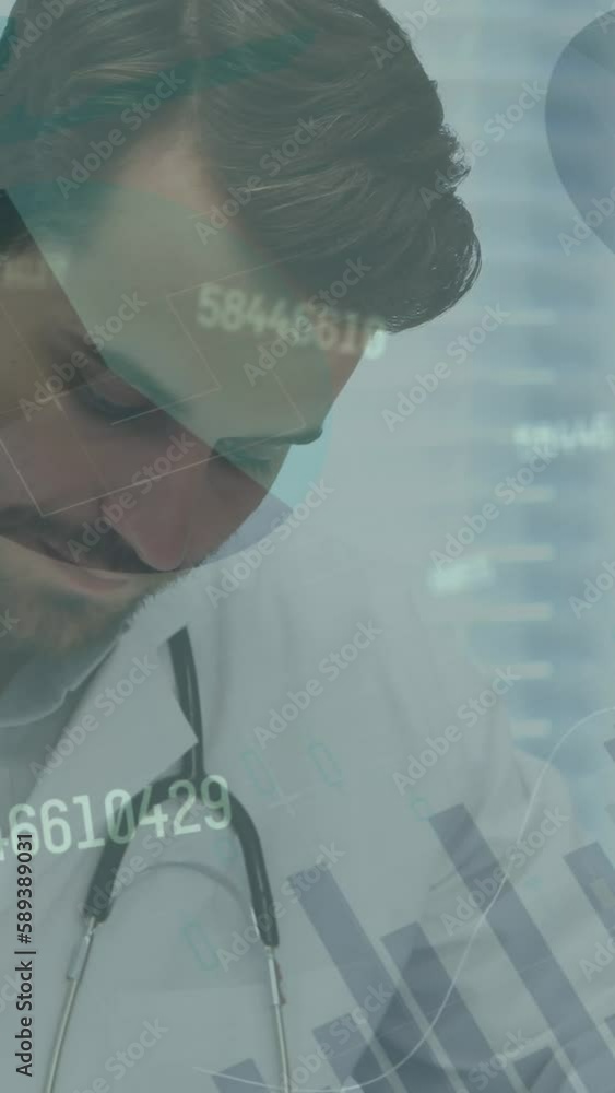 Poster Animation of statistics and data processing over caucasian male doctor making notes