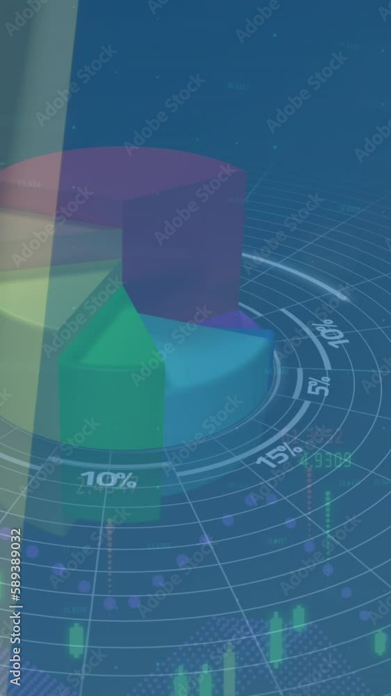 Poster animation of statistics and data processing over wind turbine on blue background