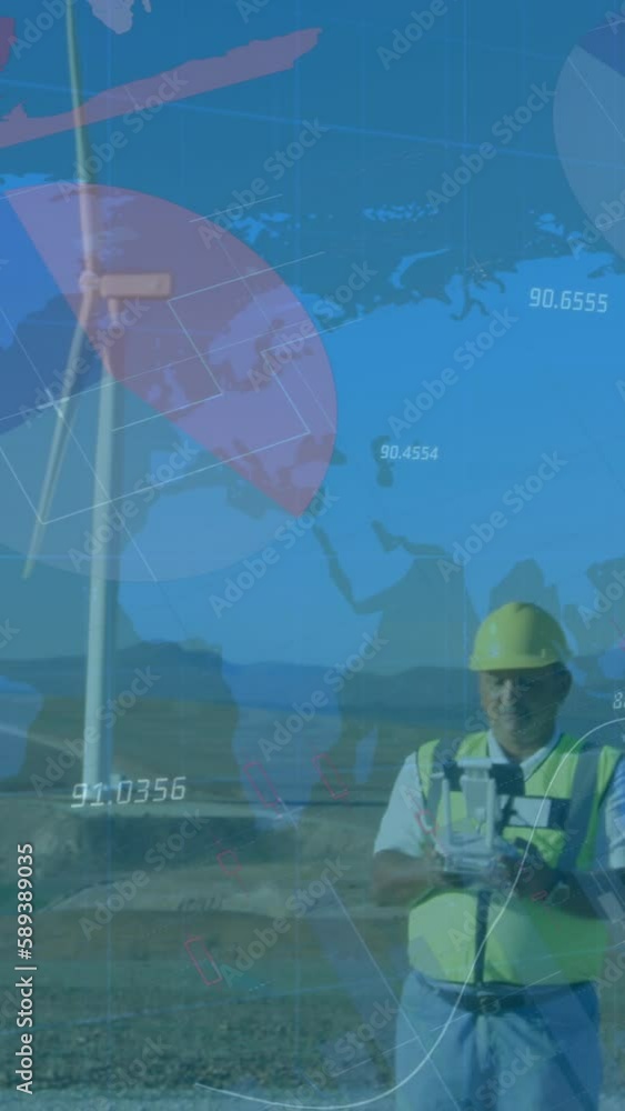 Poster animation of statistics and data processing over wind turbines and engineer on blue background