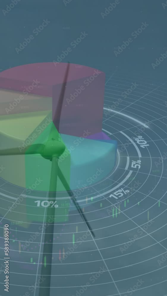 Aufkleber animation of statistics and data processing over wind turbine on blue background
