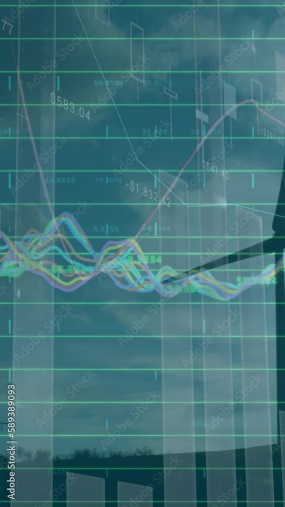 Poster animation of statistics and data processing over wind turbine on blue background