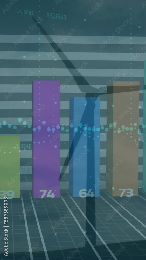 Poster animation of statistics and data processing over wind turbine in countryside background