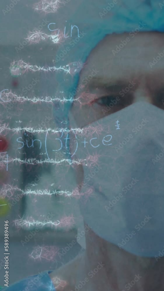 Poster animation of dna strand and data processing over caucasian surgeons with face masks