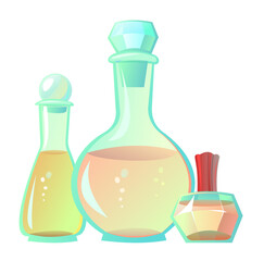 Objects Perfumes and scents. Still life. Fragrant aromatic liquid in glass container. Fragrance for women and men. Isolated on white background. Vector.