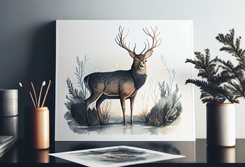 forest deer watercolor illustration. Christmas reindeer. Winter greeting card design. forest wild nature. Generative AI