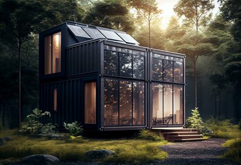 modern industry exterior style shipping container house  has solar panel roof, beautiful nature landscape, idea for sustainability for environmental preservation. Generative AI