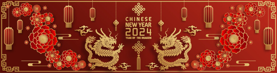 Happy chinese new year 2024 year of the chinese dragon zodiac with on color Background. ( Translation : happy new year, chinese dragon )