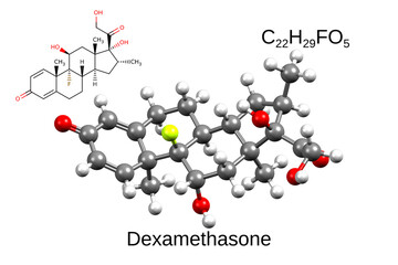 Chemical formula, skeletal formula and 3D ball-and-stick model of the glucocorticoid immunosuppressor dexamethasone