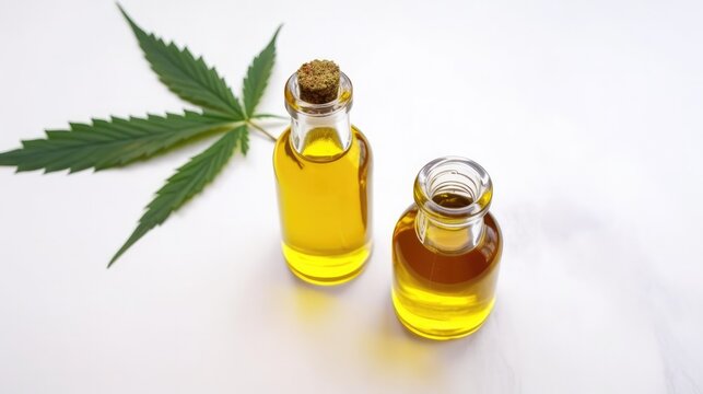 CBD Oil glass bottle with Marijuana leaves , Cannabis liquid, Generative AI Technology