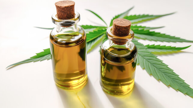 CBD Oil glass bottle with Marijuana leaves , Cannabis liquid, Generative AI Technology