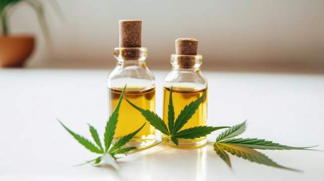 CBD Oil glass bottle with Marijuana leaves , Cannabis liquid, Generative AI Technology