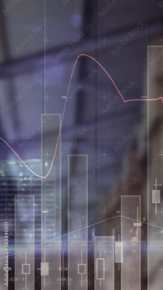 Aufkleber animation of financial data processing over empty warehouse