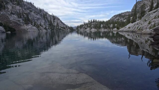 Water level view of Everly Lake in Sawtooth Mountains near Stanley Idaho