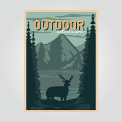 adventure poster vintage with view of mountain kintamani national park, vector of deer background with pine tree